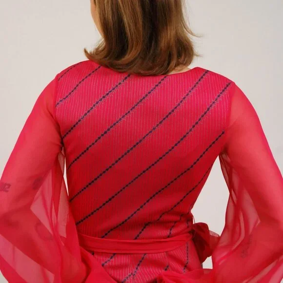 70s Palazzo Jumpsuit (XS) vintage pink alfred shaheen wide leg bishop sleeve 60s